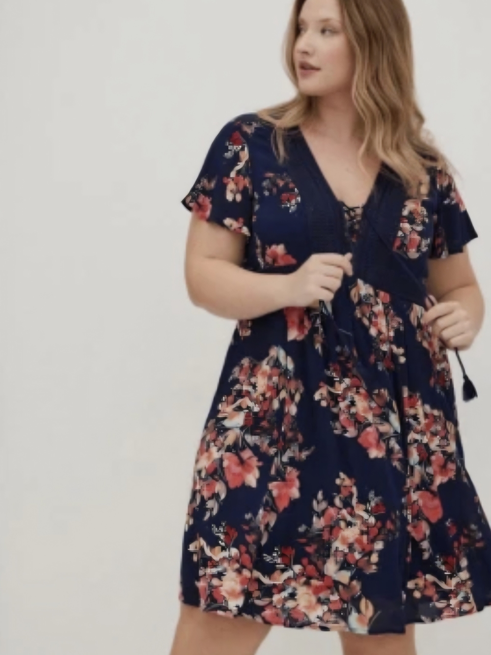 Torrid Navy Floral Tie-Front Short Sleeve Dress - Size 1 (1X)